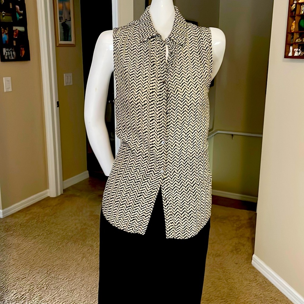 Elizabeth & James Silk Button Down Chevron & Floral Print Sleeveless Shirt Top S